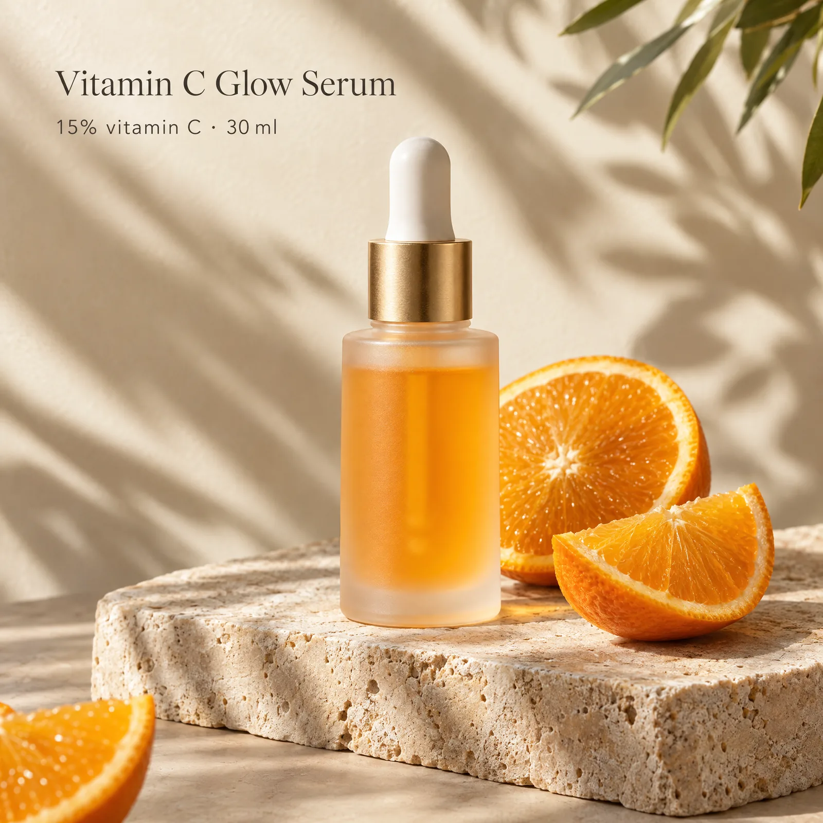 Vitamin C serum on travertine with oranges, AI product photo
