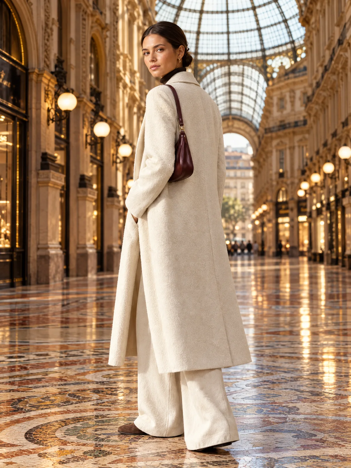 Cream coat look on an AI model: arcade