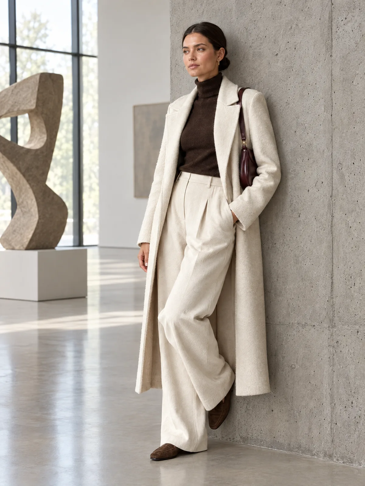 Cream coat look on an AI model: gallery