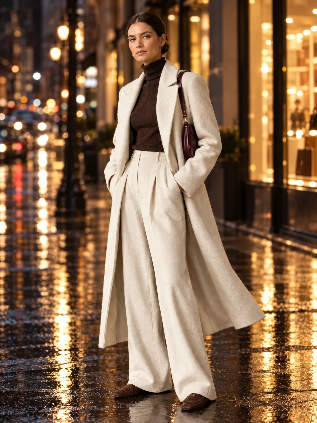 Cream coat look on an AI model: night city
