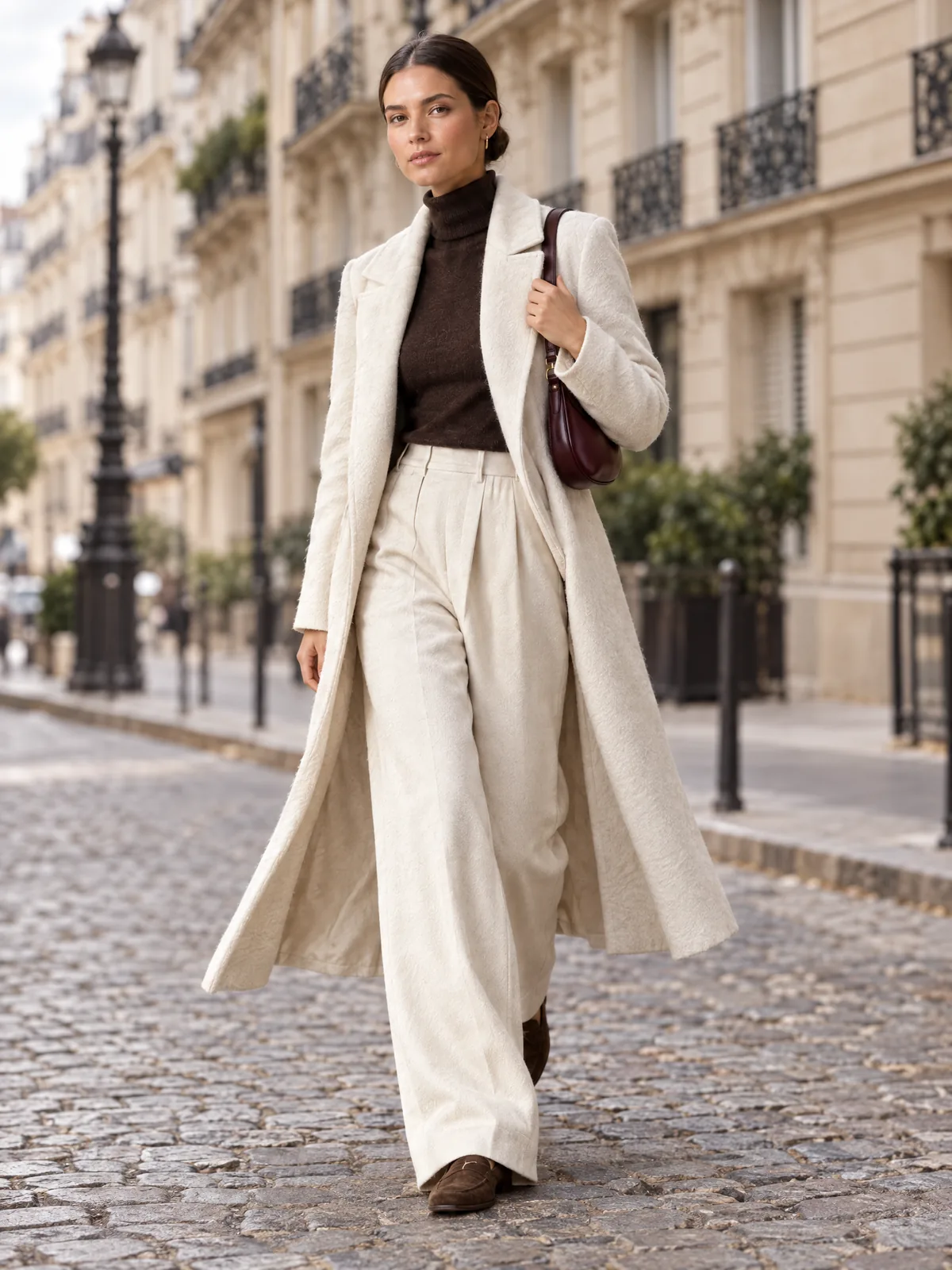 Cream coat look on an AI model: boulevard
