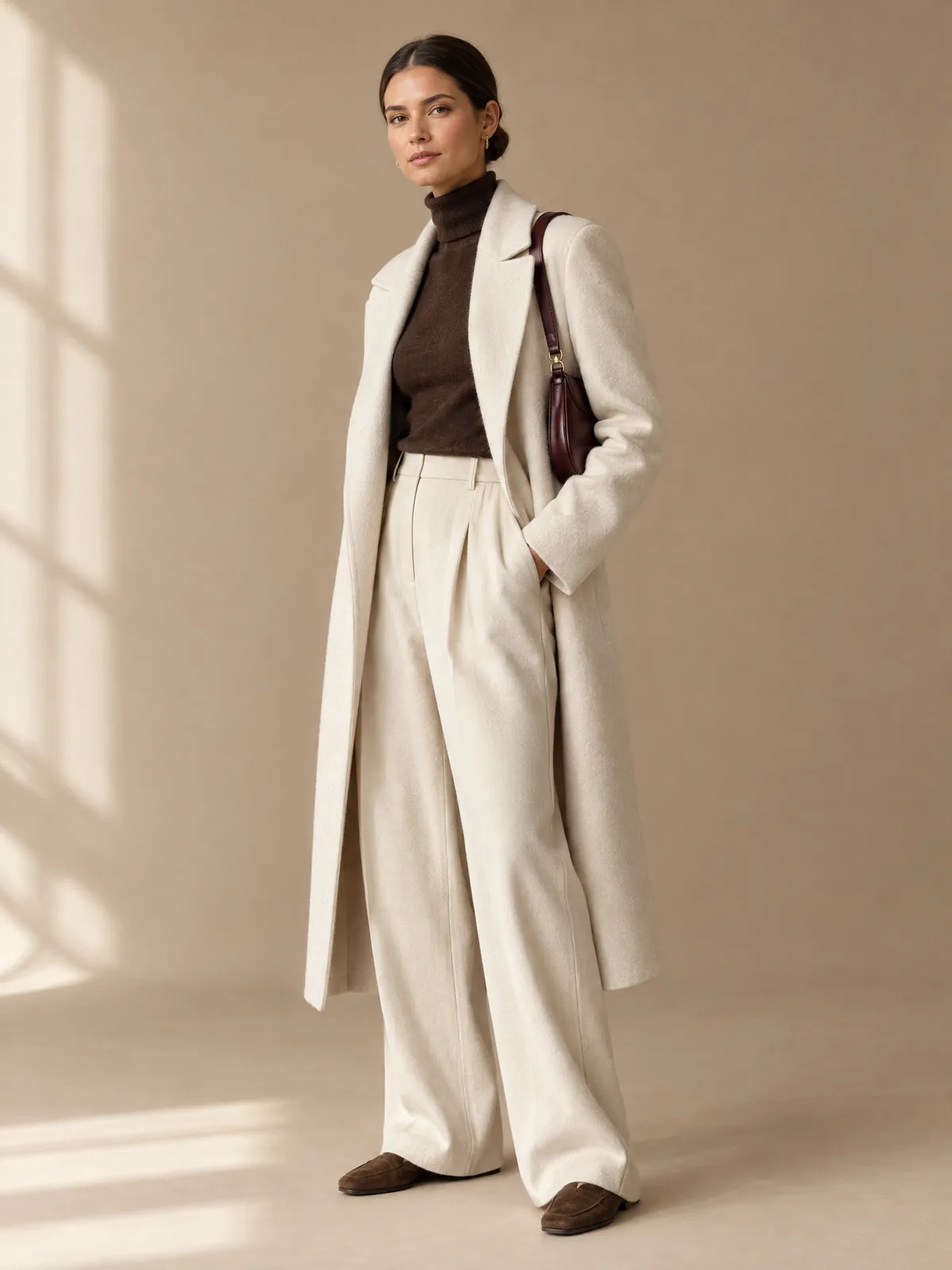 Cream coat look on an AI model: studio