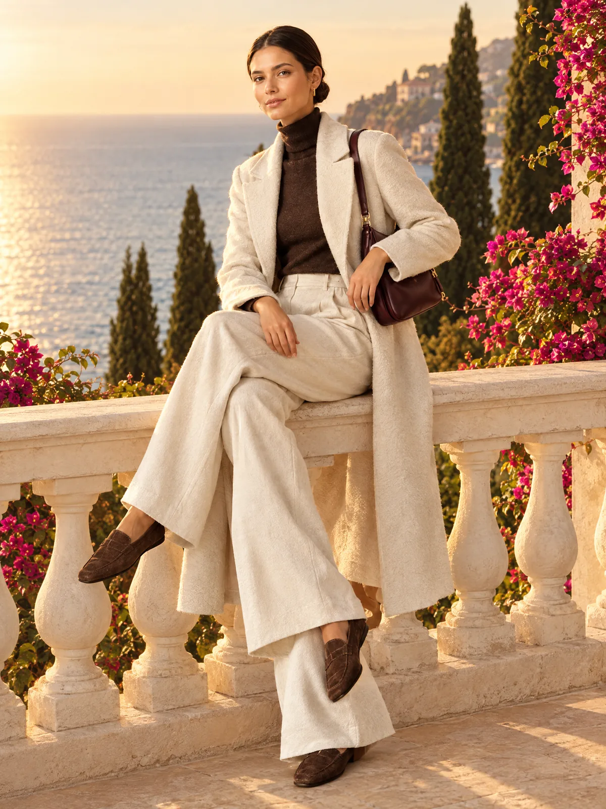 Cream coat look on an AI model: terrace