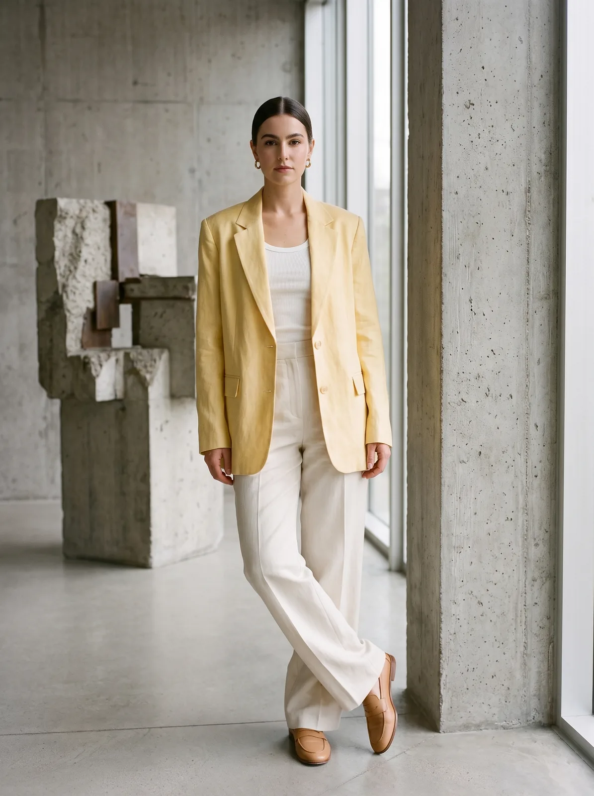 Yellow linen blazer look on an AI model: gallery