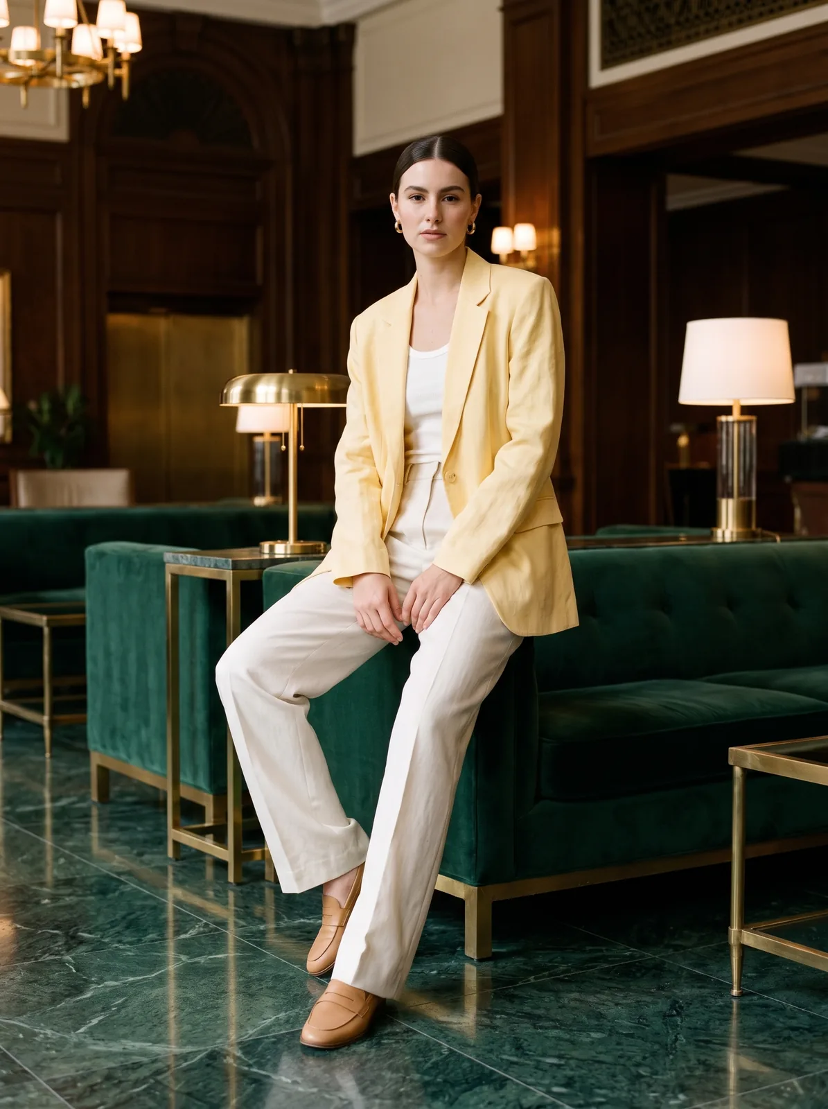 Yellow linen blazer look on an AI model: hotel lobby