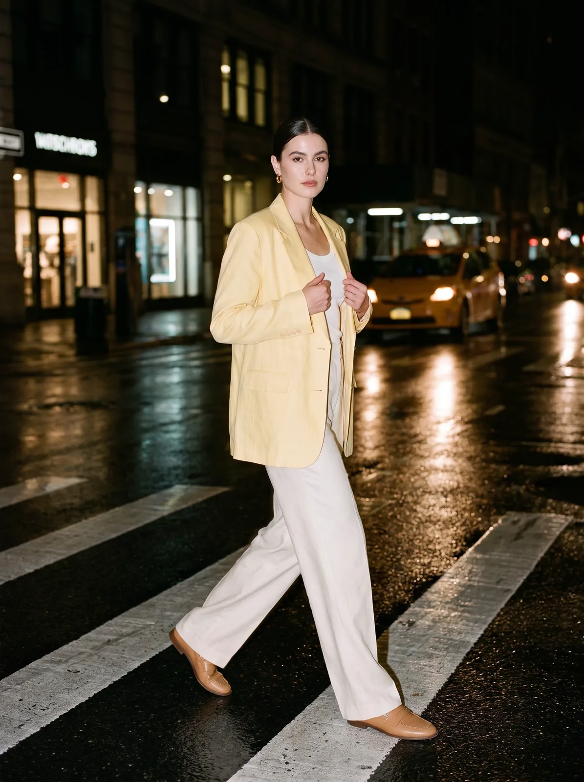 Yellow linen blazer look on an AI model: night city