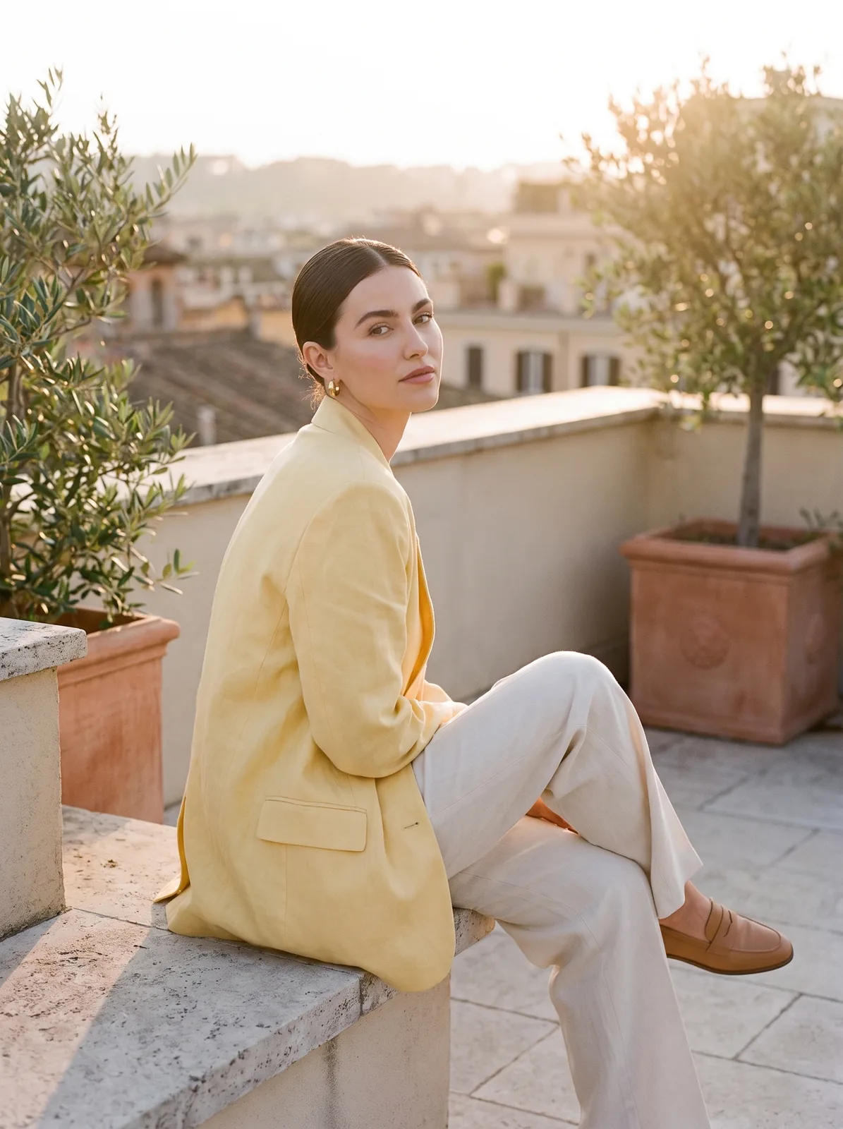 Yellow linen blazer look on an AI model: rooftop