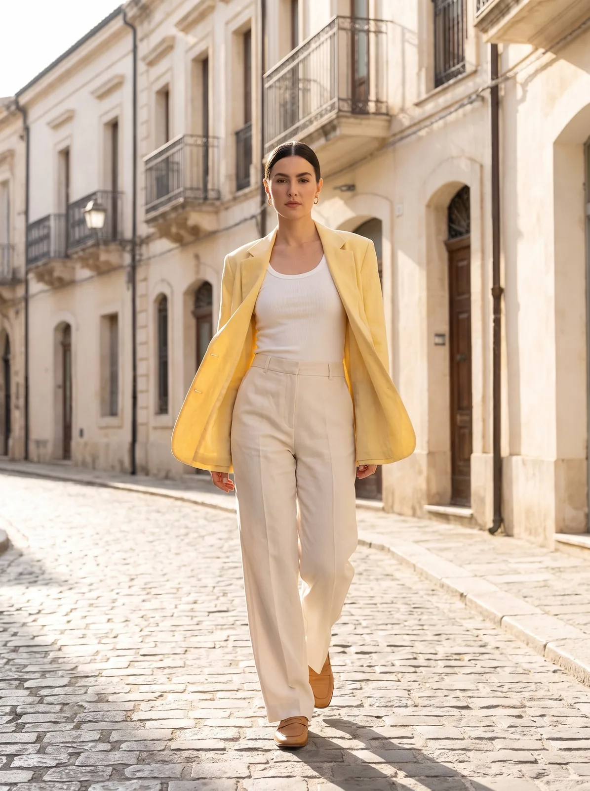 Yellow linen blazer look on an AI model: old town
