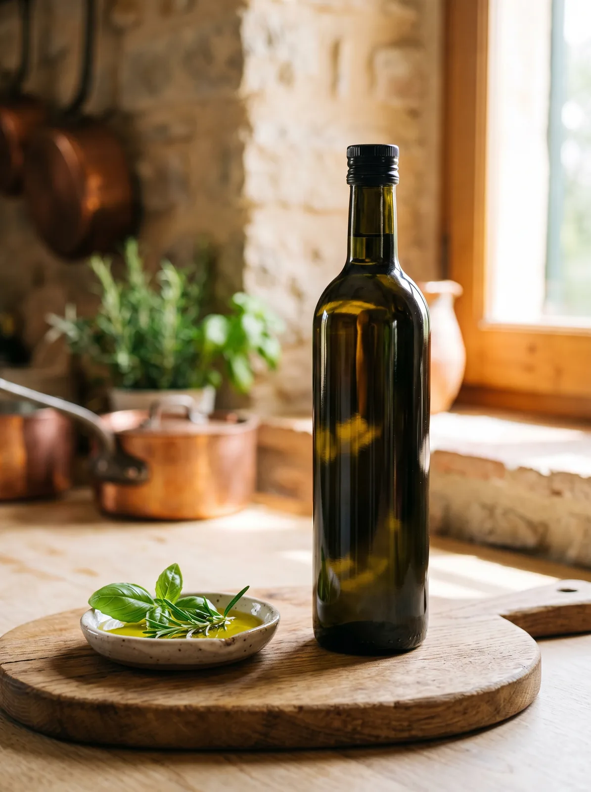 Olive oil bottle in a sunlit kitchen, AI product photo