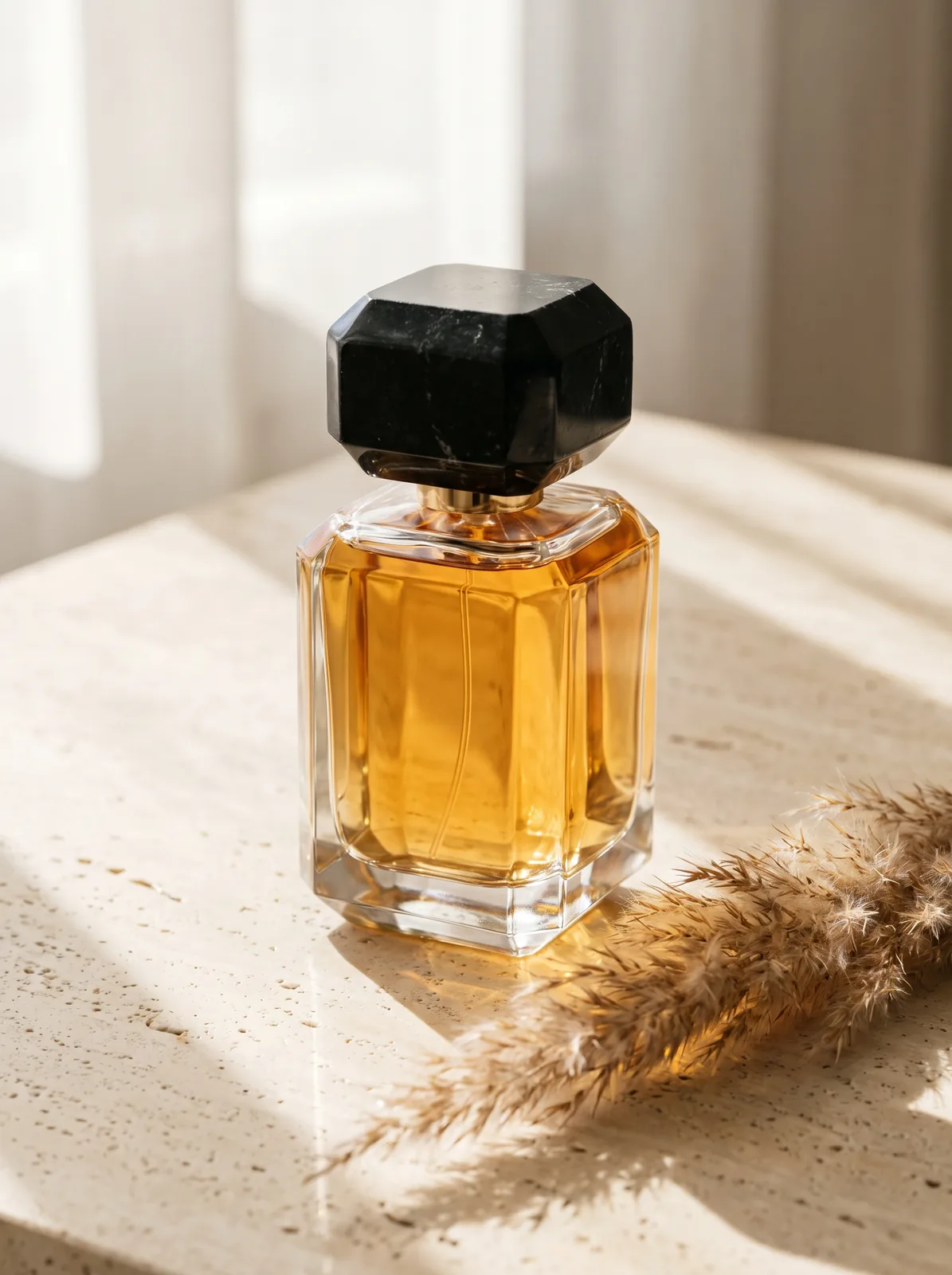 Perfume bottle on cream travertine, AI product photo