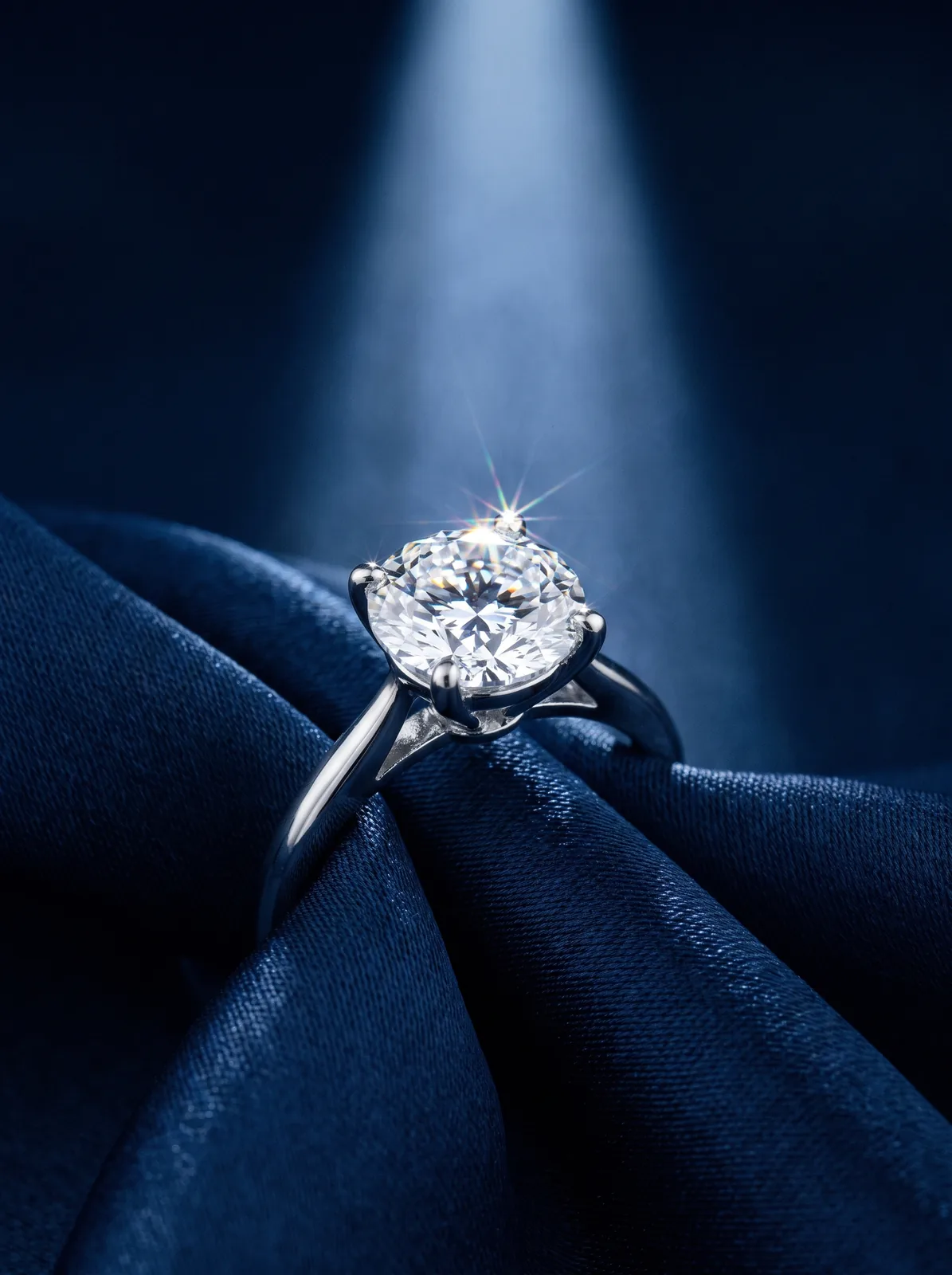 Diamond ring on midnight-blue silk, AI product photo