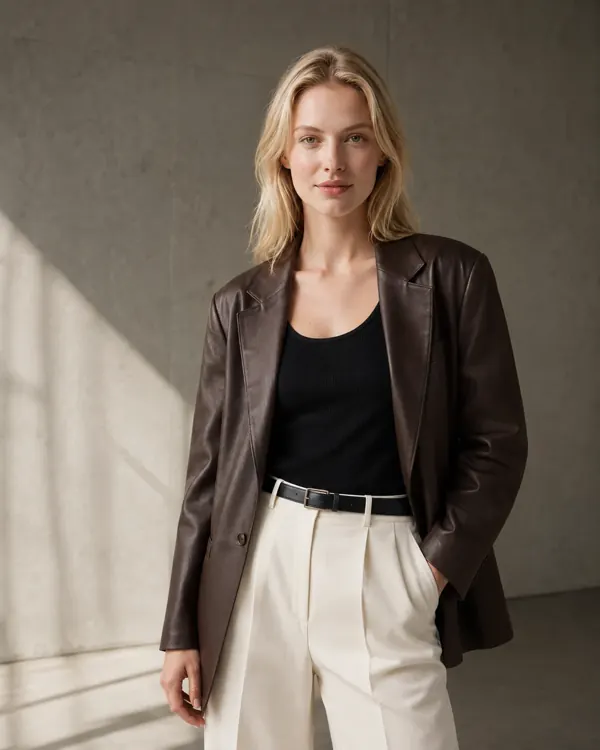 Lookbook frame: leather jacket, editorial light