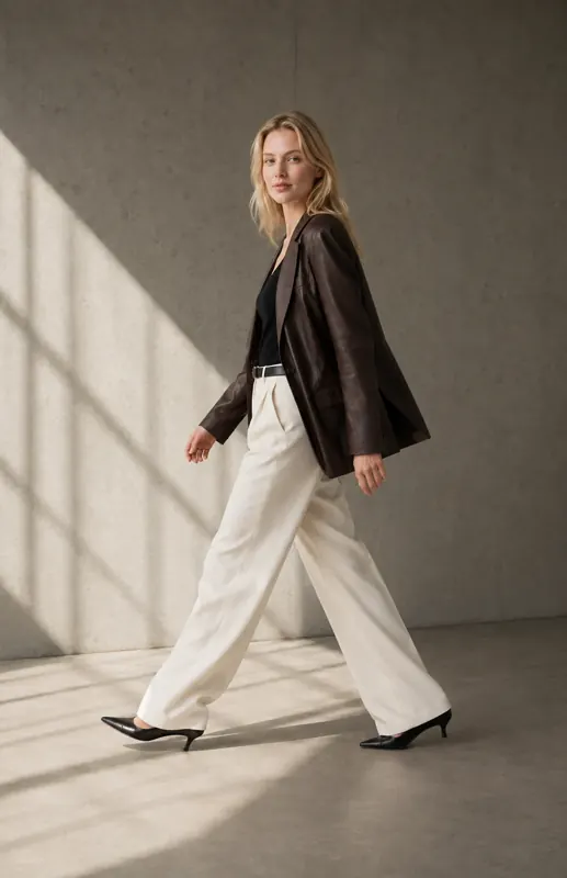 Lookbook frame: walking shot in a studio