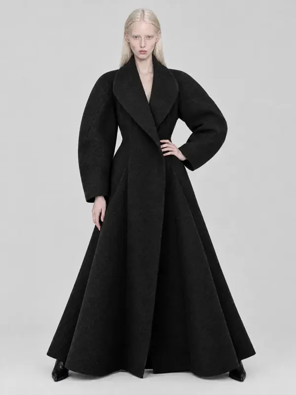 Wool coat on an AI model, generated from a dress form photo