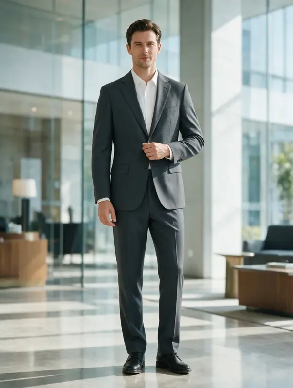 Suit look in a glass lobby