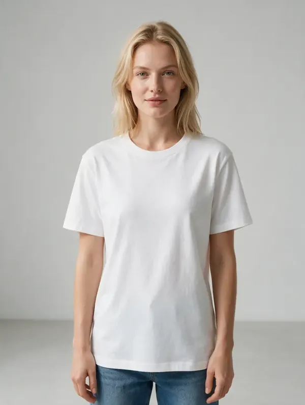 Blonde woman in a white T-shirt and jeans: catalog AI model
