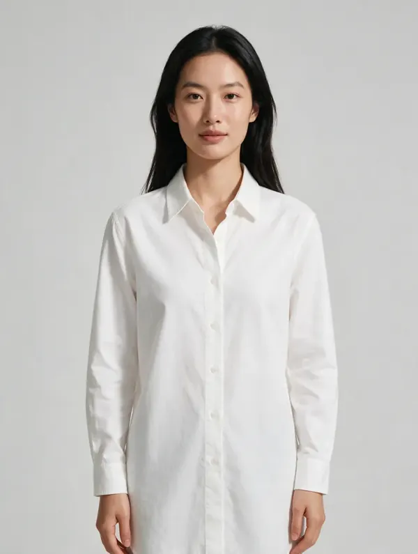 Woman with long black hair in a white shirt: catalog AI model