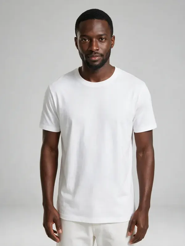 Black man with a short beard in a white T-shirt: catalog AI model