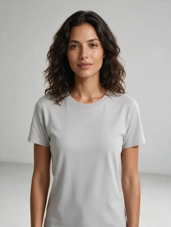 Woman with dark curly hair in a grey T-shirt: catalog AI model