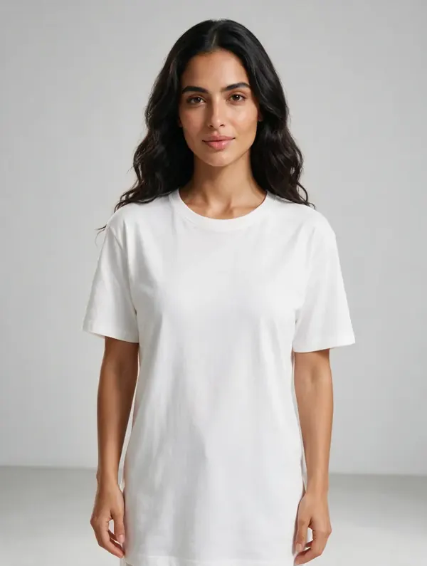 Woman with long dark wavy hair in a white T-shirt: catalog AI model