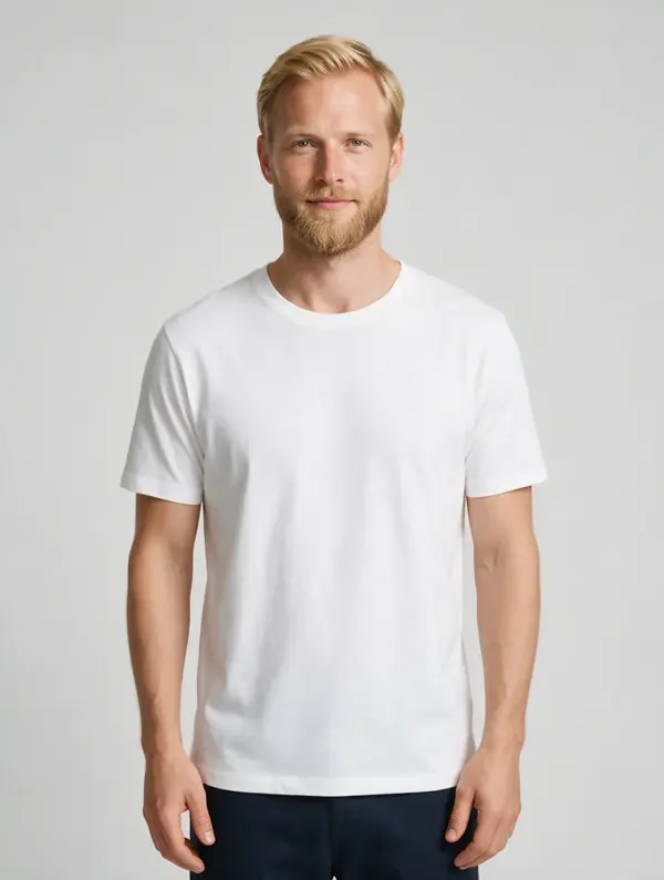 Man with fair hair and a beard in a white T-shirt: catalog AI model