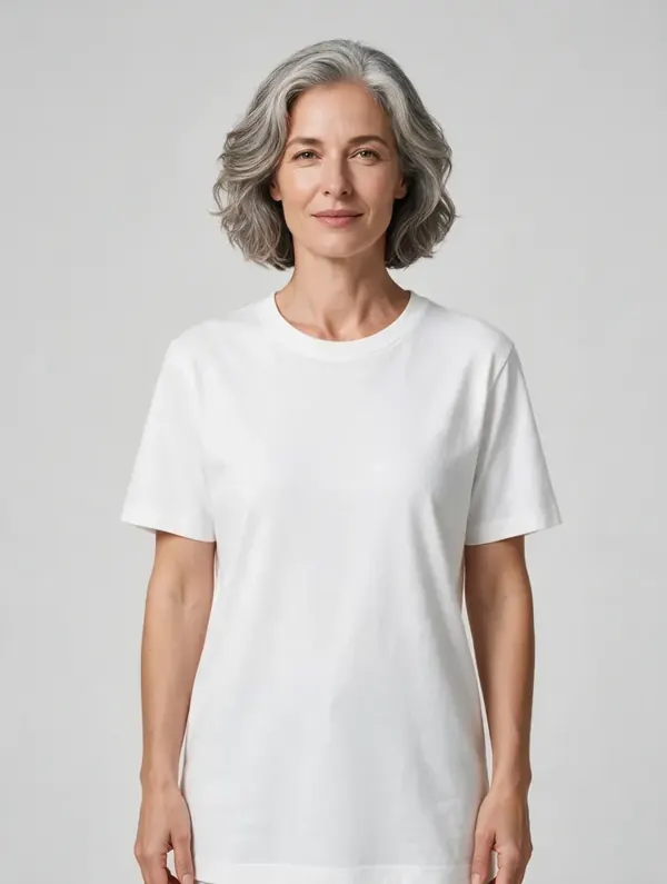 Grey-haired woman in a white T-shirt: catalog AI model