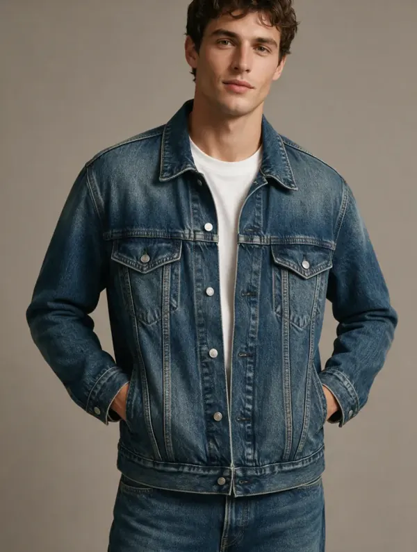 Denim jacket on a male AI model in warm studio light