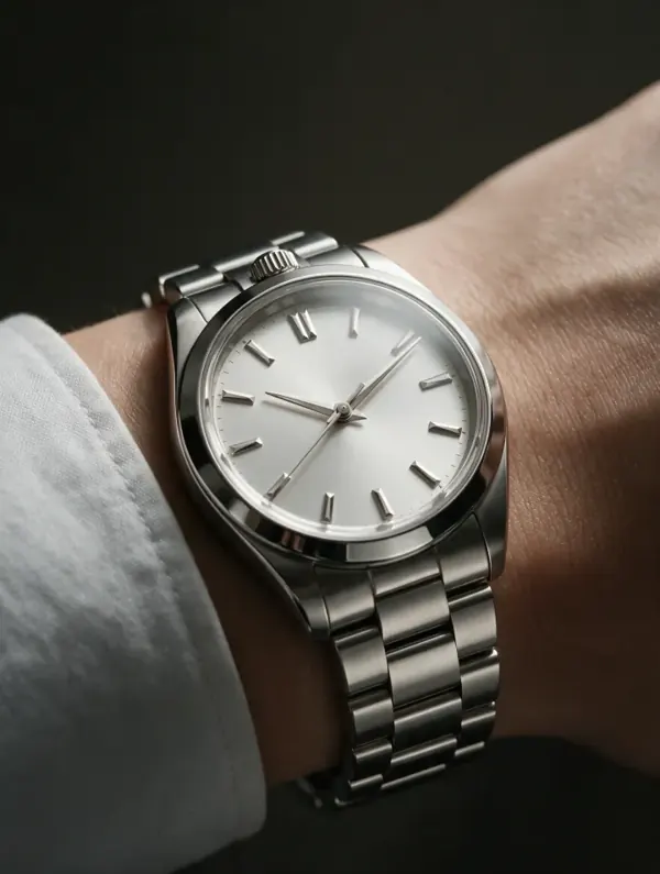 Steel watch lifestyle shot on a wrist
