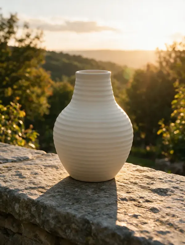 Ceramic vase on a terrace at sunset, AI product photo