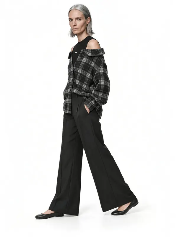 Check overshirt on an AI model, three-quarter