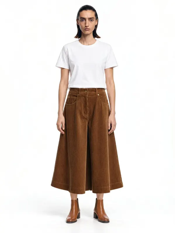 Corduroy culottes on an AI model, front