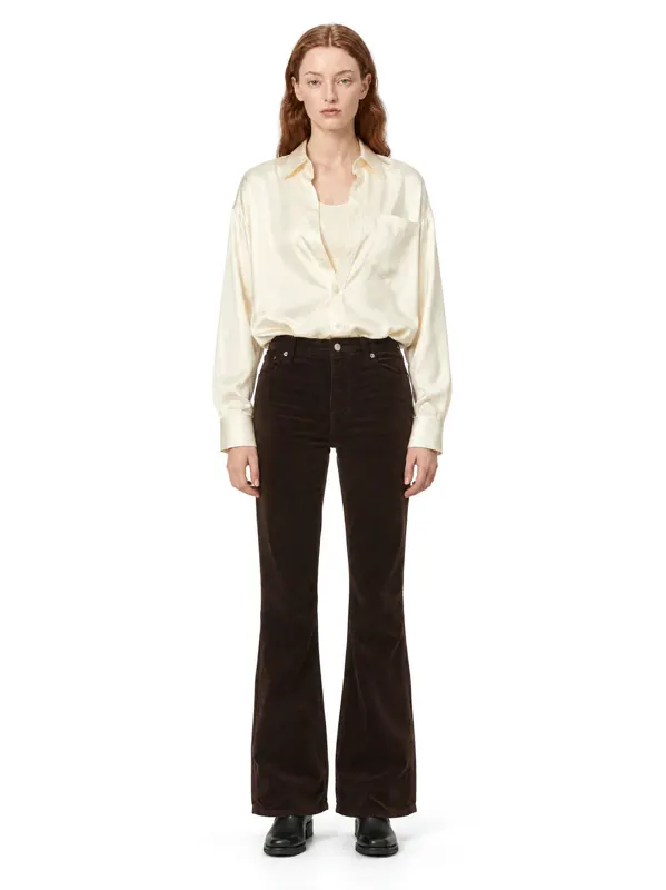 Cream satin shirt on an AI model, front