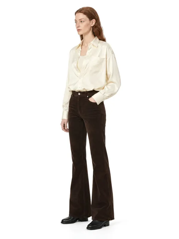 Cream satin shirt on an AI model, three-quarter