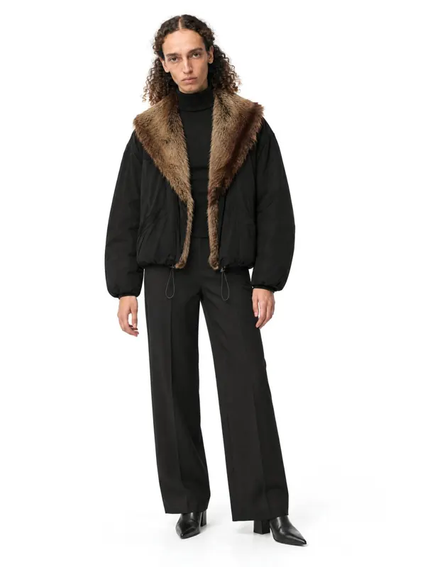 Shearling-collar jacket on an AI model, front