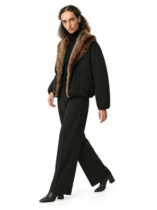 Shearling-collar jacket on an AI model, three-quarter