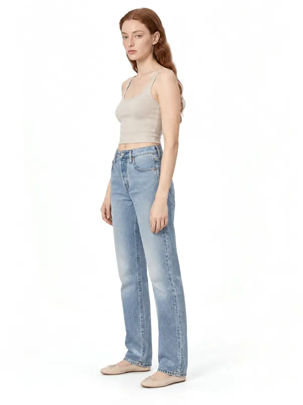 Straight jeans on an AI model, three-quarter
