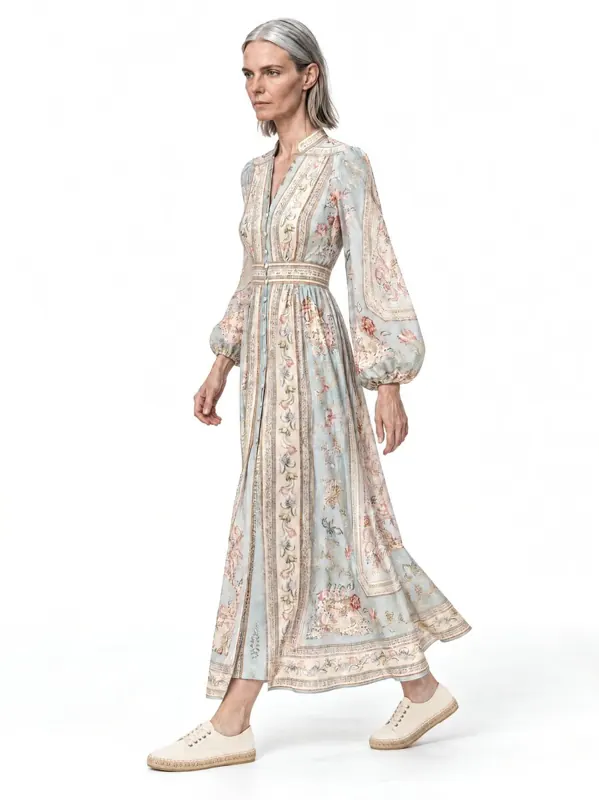 Printed maxi dress on an AI model, three-quarter