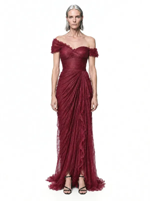 Lace evening gown on an AI model, front