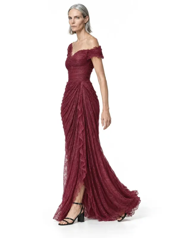 Lace evening gown on an AI model, three-quarter