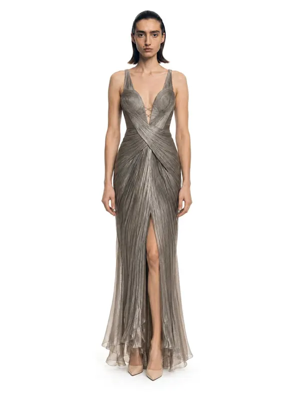 Draped slip dress on an AI model, front