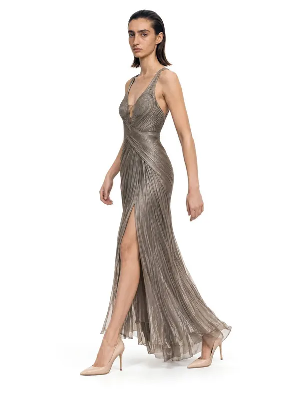 Draped slip dress on an AI model, three-quarter