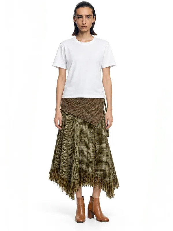 Fringed tweed skirt on an AI model, front