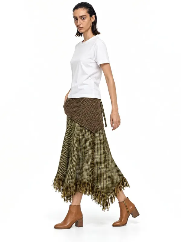 Fringed tweed skirt on an AI model, three-quarter