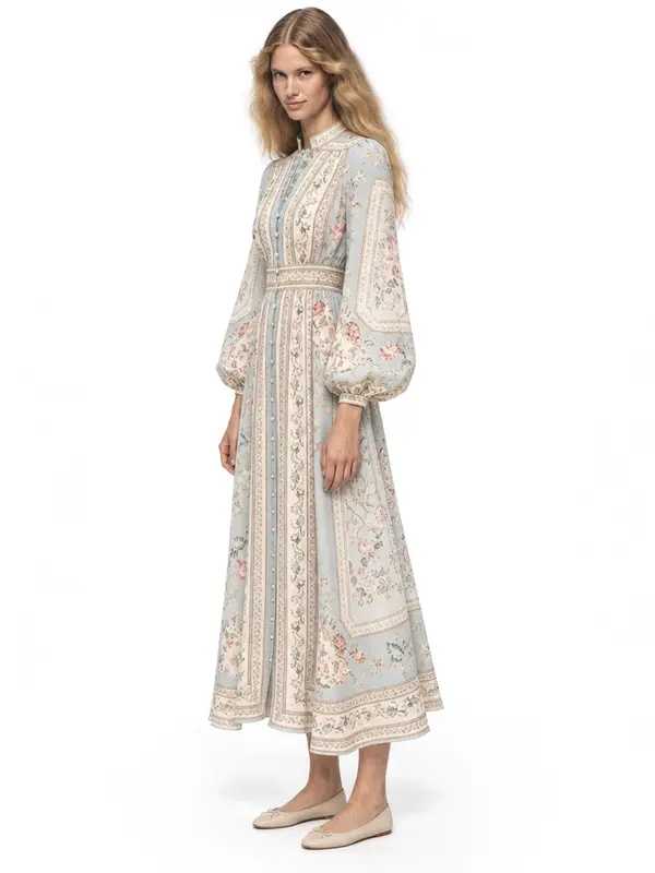 Floral maxi dress on an AI model, white wall, three-quarter