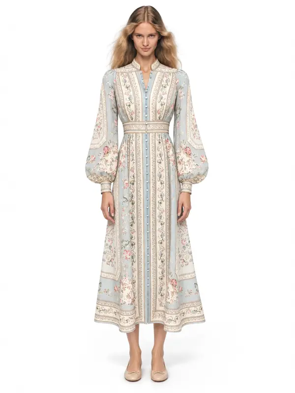 Floral maxi dress on an AI model, white wall, front