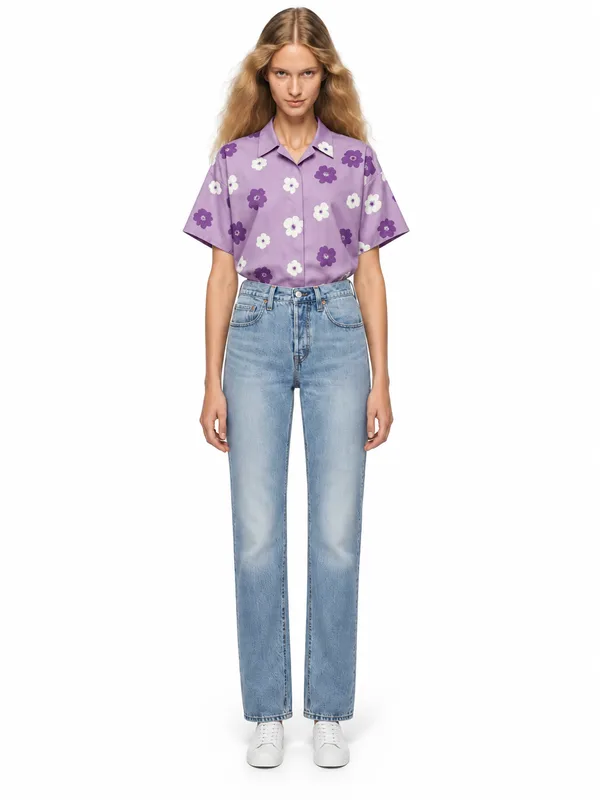 Light straight-leg jeans on an AI model, white wall, front