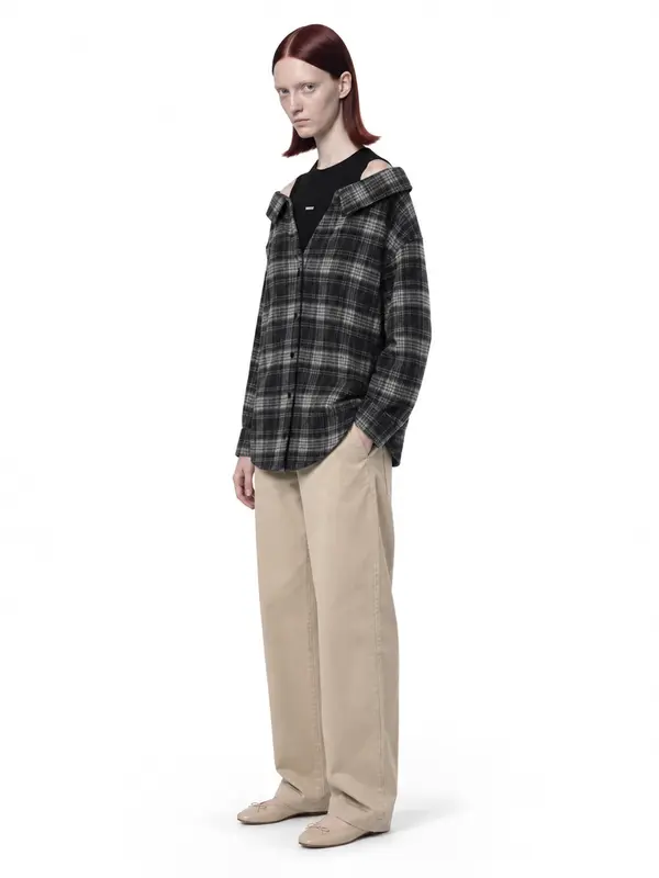 Grey check shirt on an AI model, white wall, three-quarter