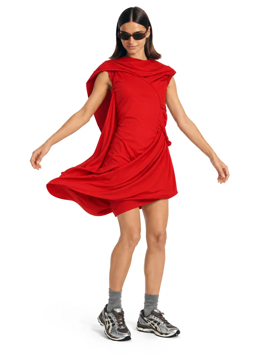 Red mini dress on a model, spinning