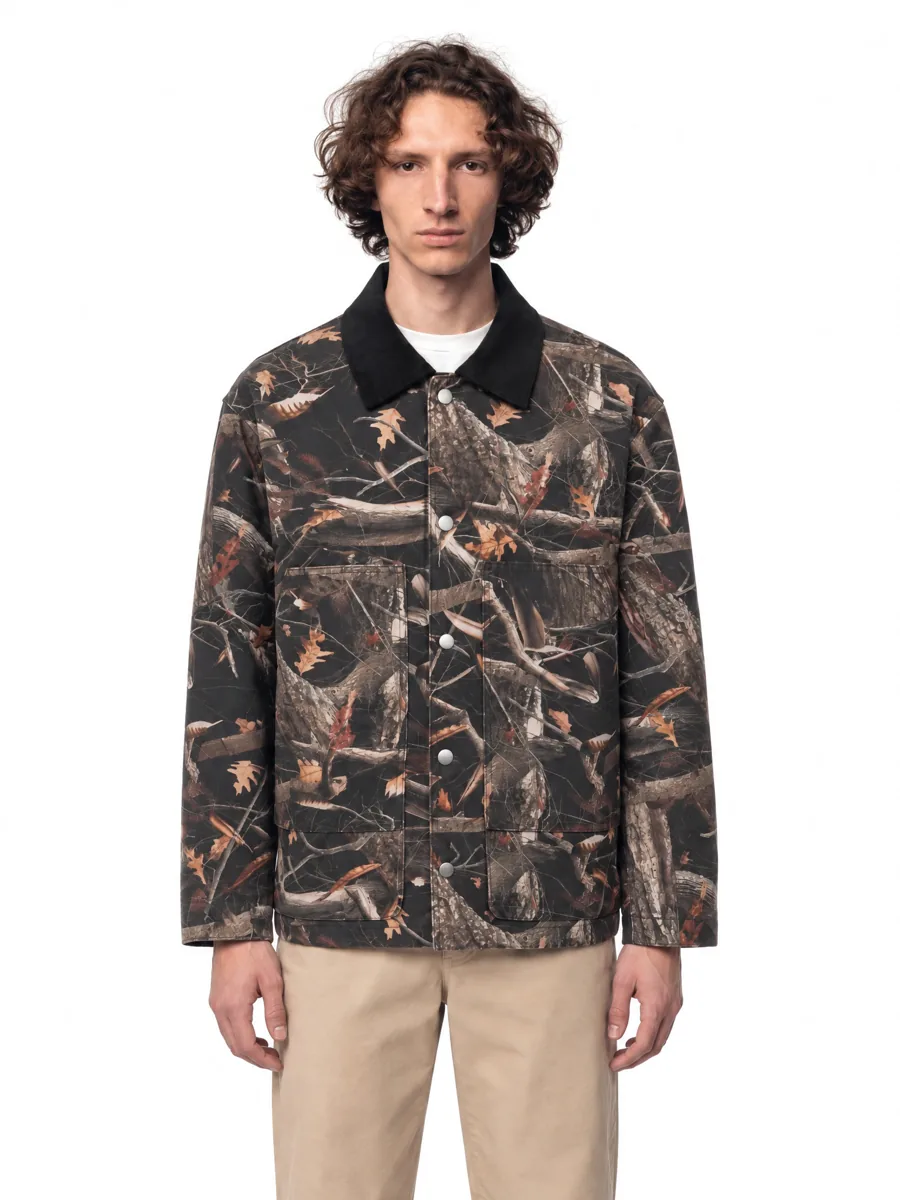 Camo jacket on a model, close-up