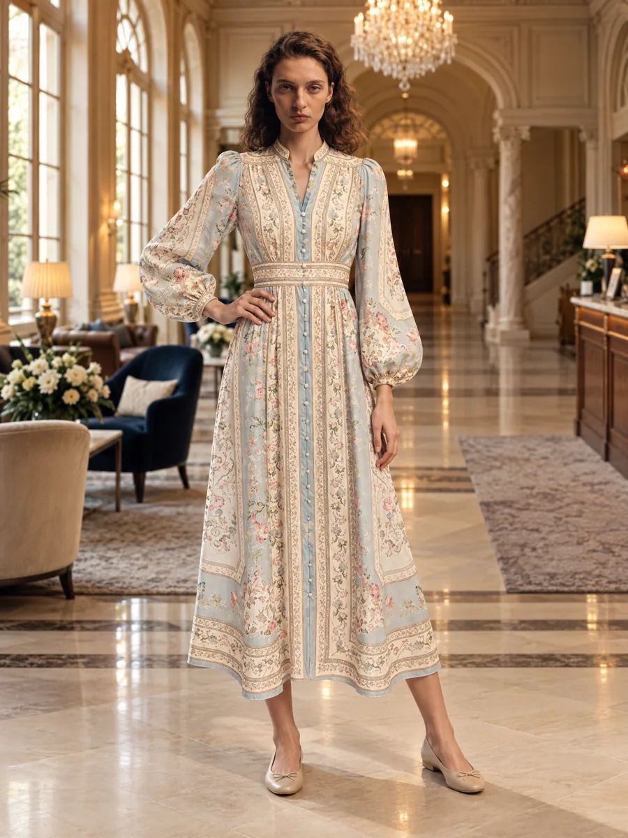 Maxi dress on a model in a hotel lobby